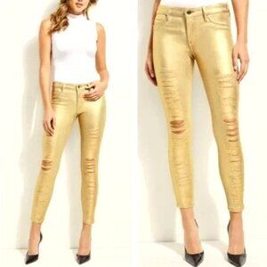 ❤️NWOT GUESS Sexy Curve Metallic Gold Jeans / Distressed Skinny / Size 26